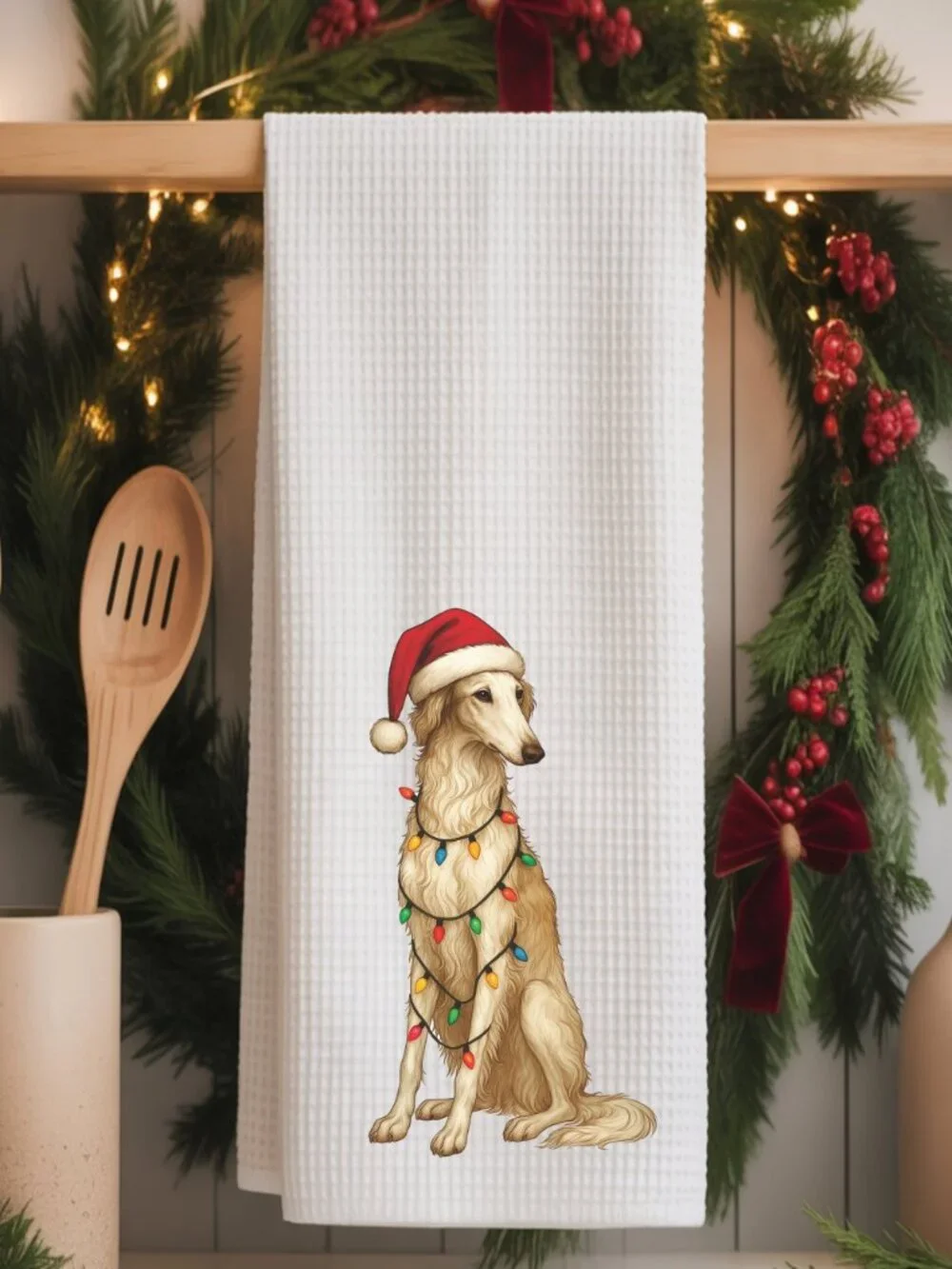 Borzoi Christmas Lights Decorative Kitchen Tea Towel